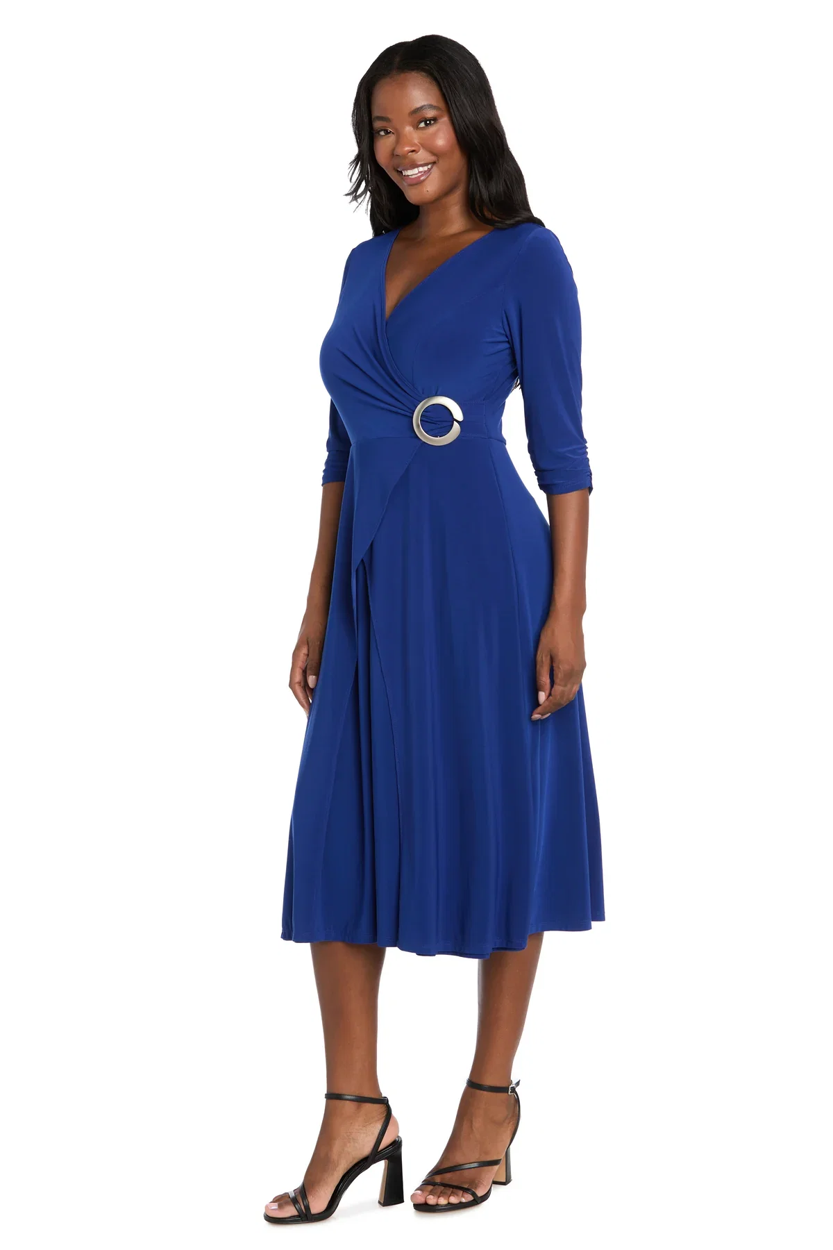 Image of Midi Jersey Faux Wrap with 3/4 Sleeves - Indigo
