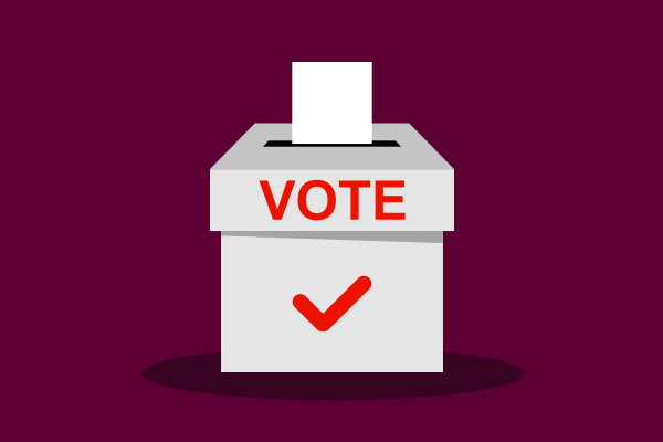 Illustration of a voter ballot box with the word 'vote' on the front.