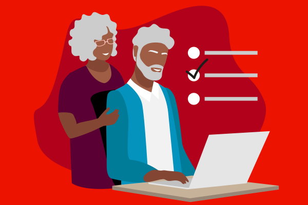 Illustration of a couple sitting in front of a laptop taking a questionnaire.