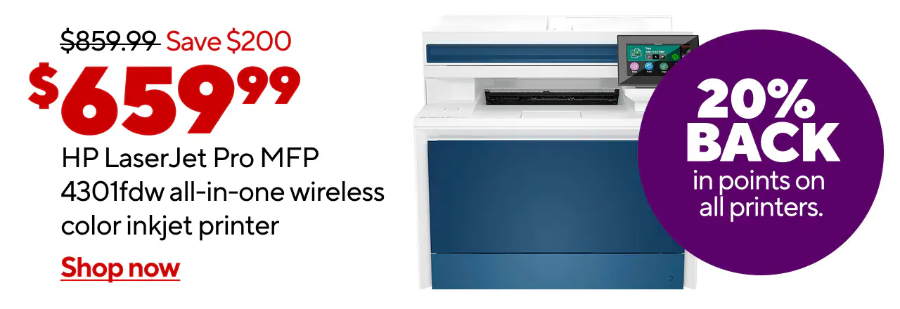 Reg. $859.99 to $659.99, $200 off HP LaserJet Pro MFP 4301fdw Wireless Color All-In-One Printer