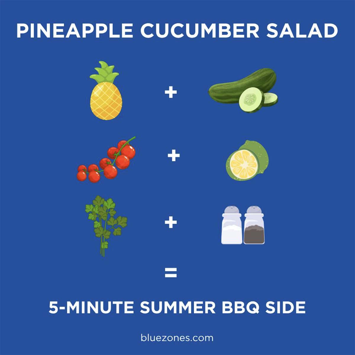 A blue zones instagram post that reads, 'pineapple cucumber salad.'