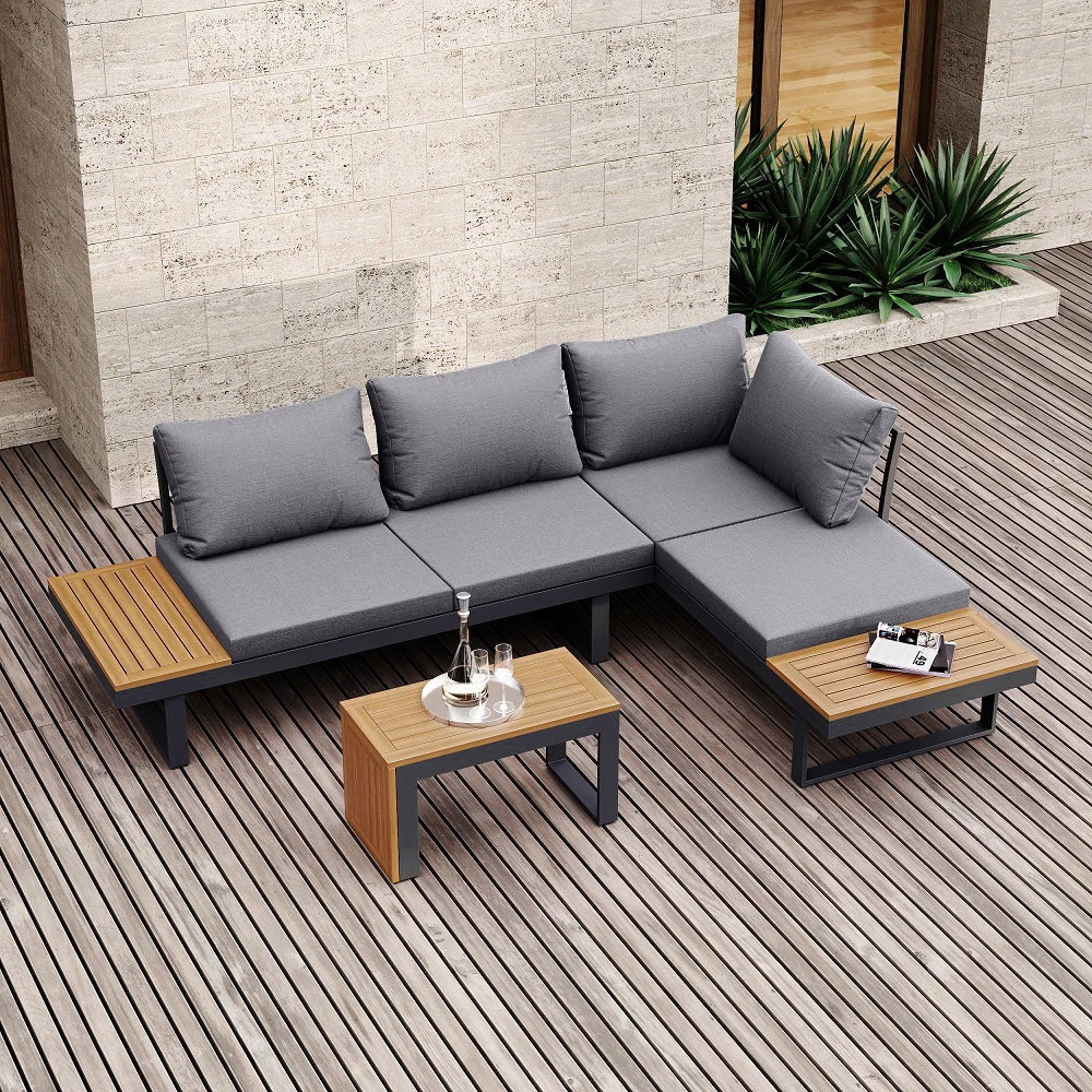 4-Pieces Modular L-Shaped Teak Sectional Outdoor Sofa Set with Fire Pit in Gray