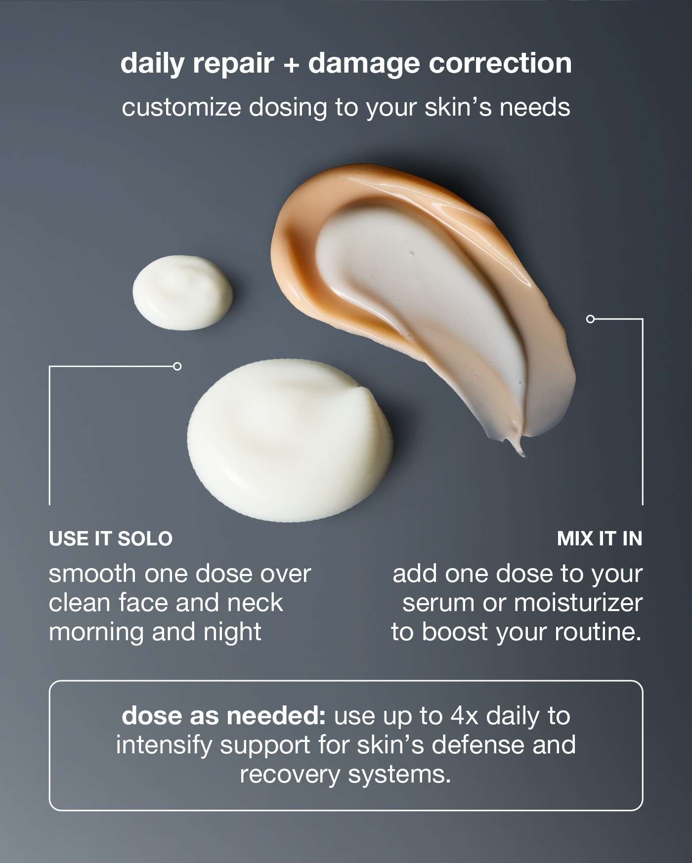 daily repair + damage correction​  customize dosing to your skin’s needs​  ​  use it solo: smooth one dose over clean face and neck AM + PM​  mix it in: add a dose to your serum or moisturizer to boost your routine​  dose as needed: use up to 4x daily to intensify support for skin’s defense and recovery systems | boost your routine​  new futurecode booster + multivitamin power recovery cream​  ​  boosts skin defenses against oxidative stress and DNA-related damage by up to 248%* ​  ​  BOOST NOW ​  ​  *Based on in vitro testing of FutureCode Booster with an antioxidant cream vs. antioxidant cream alone.  