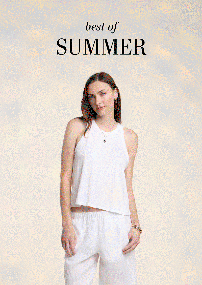 Image shows a model wearing the Mulholland Top in Chalk with the Lola Pant in Shadow. Image shows a model wearing the Chessa Skirt in Pacific. Image shows a model wearing the Saron Dress in White/Blue. Image shows a model wearing the Sasha Top in White. Text reads: Best of Summer