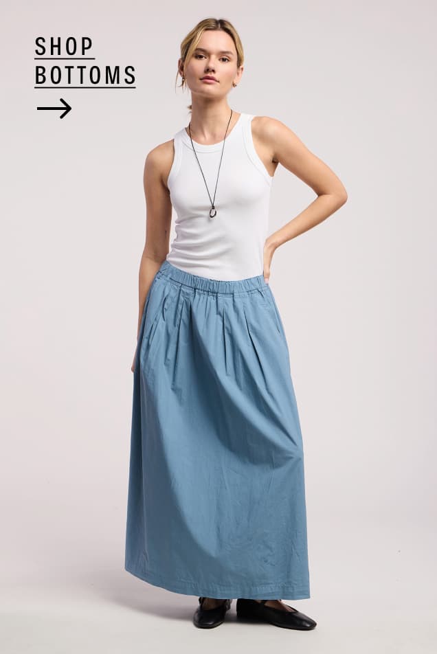 Image shows a model wearing the Chessa Skirt in Pacific.