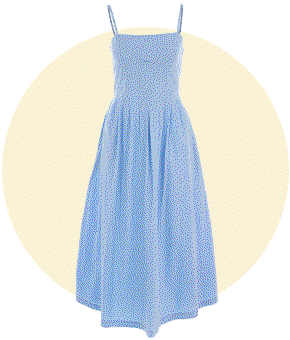 A GIF showing a pastel blue midi dress and a floral short-sleeved mini. 