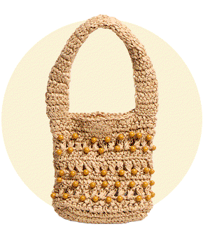 A GIF showing a rattan bucket bag and statement sunnies. 