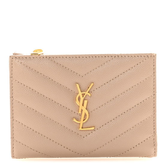 SAINT LAURENT Grain De Poudre Matelasse Chevron Monogram Zipped Card Case Dark Beige
