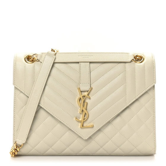 SAINT LAURENT Grain De Poudre Textured Mixed Matelasse Medium Triquilt Monogram Satchel Crema Soft