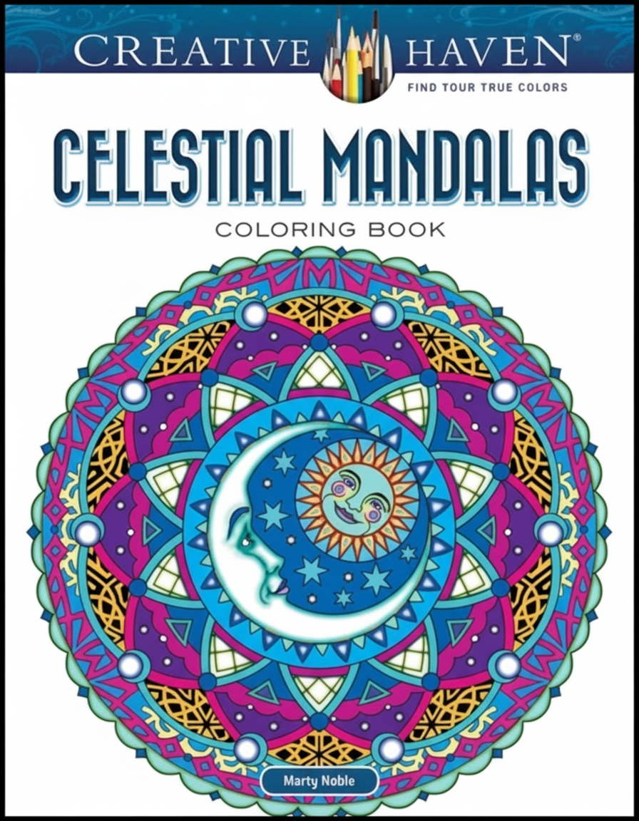 Cover of "Celestial Mandalas Coloring Book" by Marty Noble, featuring a mandala with a sun and moon.