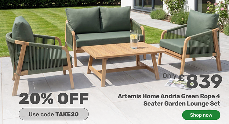 Artemis Home Andria Green Rope 4 Seater Garden Lounge Set. £839. 20% off with code TAKE20