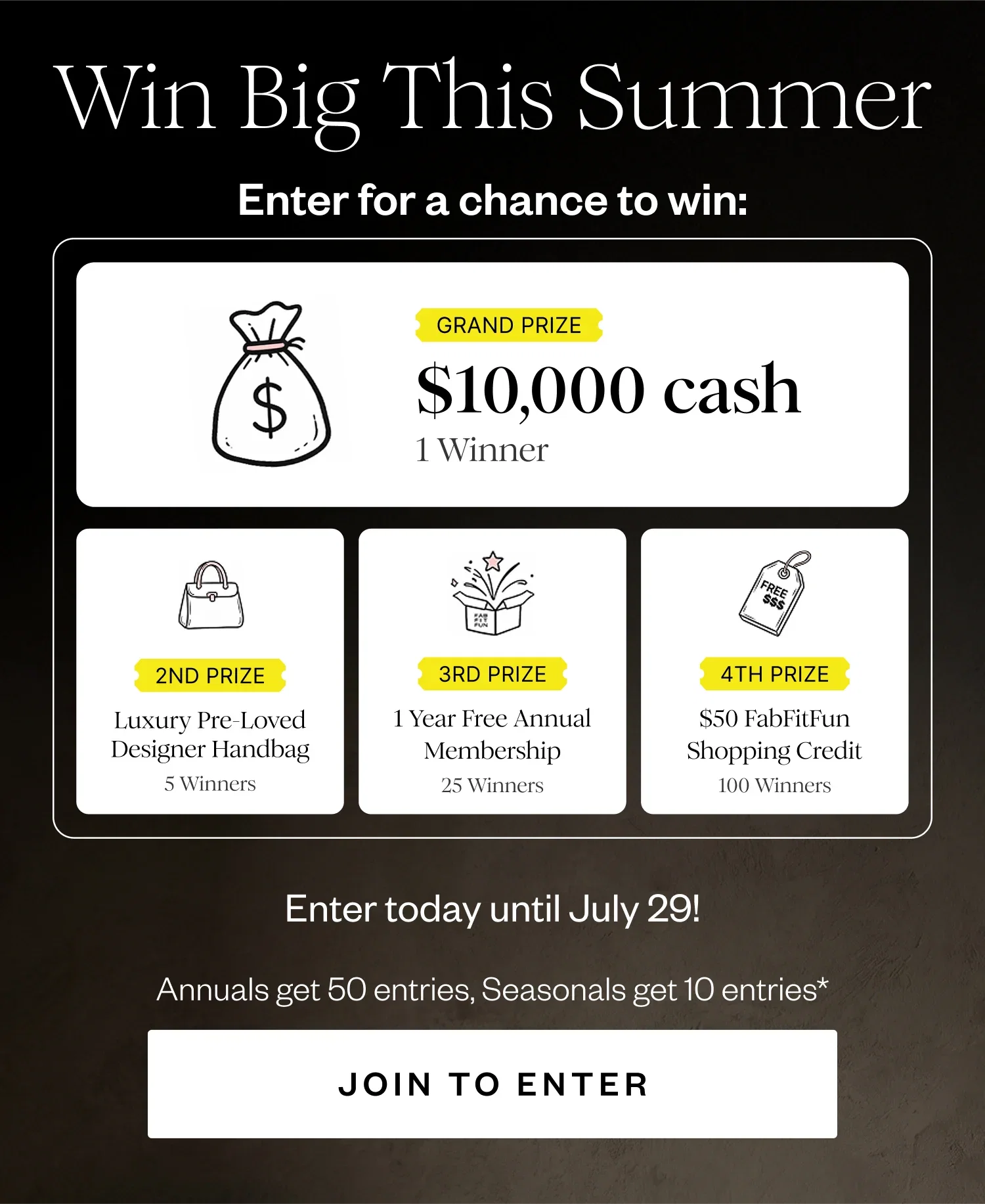 Win Big This Summer | Enter for a chance to win: | GRAND PRIZE $10,000 cash 1 Winner | 2ND PRIZE Luxury Pre-Loved Designer Handbag 5 Winners | 3RD PRIZE 1 Year Free Annual Membership 25 Winners | 4TH PRIZE $50 FabFitFun Shopping Credit 100 Winners | Enter today until July 29! | Annuals get 50 entries, Seasonals get 10 entries* | JOIN TO ENTER