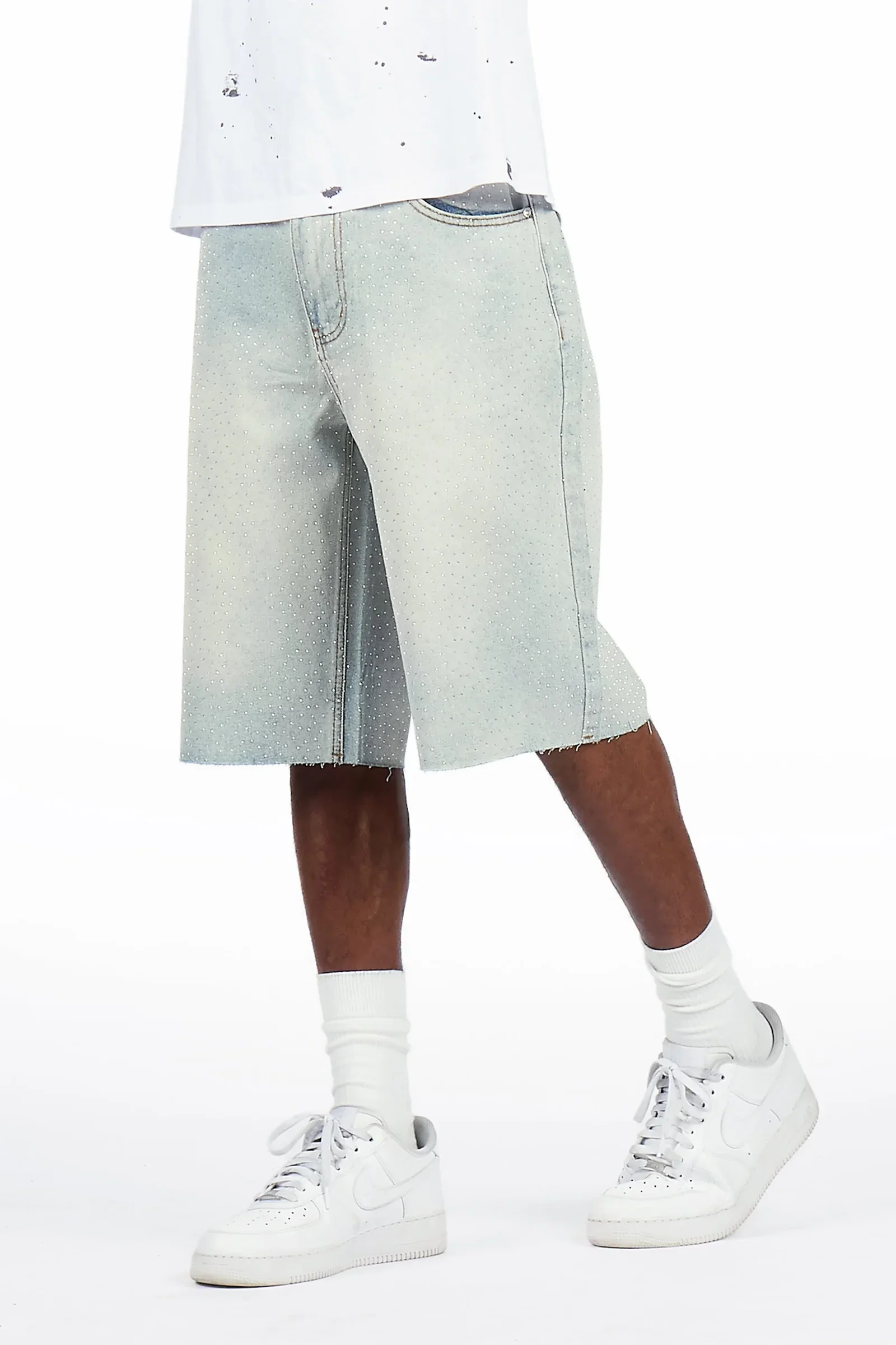 Image of Brayan Light Blue Rhinestones Denim Short