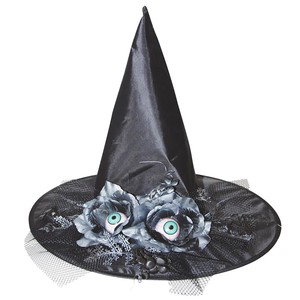 Adults Black Witch Hat with Flowers & Eyes