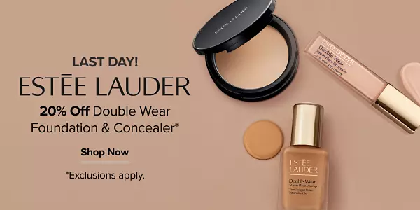 Limited time only! Estee Lauder. 20% off Double Wear foundation and concealer. Shop now. Exclusions apply. Different makeup products.
