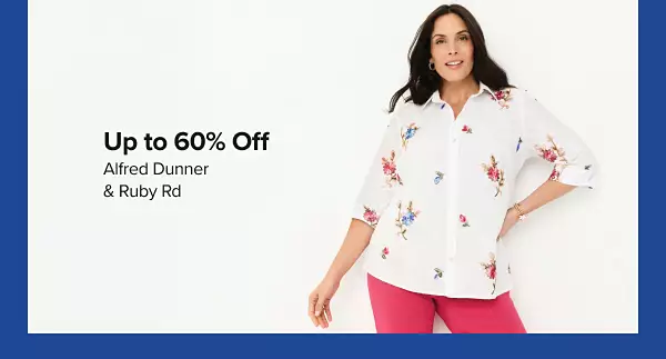 Up to 60% off Alfred Dunner and Ruby rd. Shop now. A woman in a white blouse and red pants.