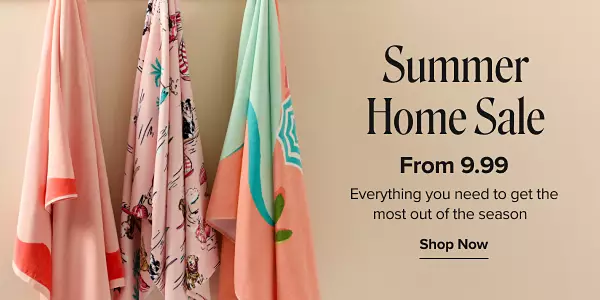Summer home sale. From 9.99 everything you need to get the most out of the season. Shop all deals. Three beach towels hanging up outside.