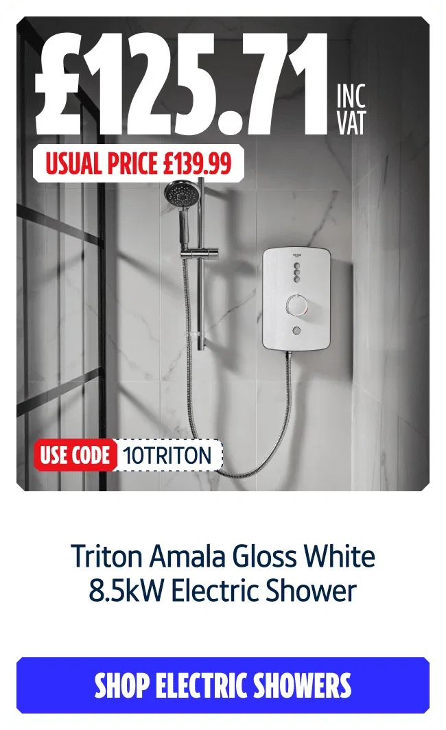 Triton Amala Gloss White 8.5kW Electric Shower. Now £125.71 inc VAT with code 10TRITON. Usual price £139.99. Shop electric showers