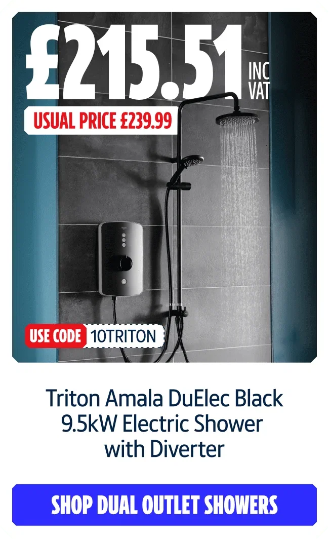 Triton Amala DuElec Black 9.5kW Electric Shower with Diverter. Now £215.51 inc VAT with code 10TRITON. Usual price £239.99. Shop dual outlet showers