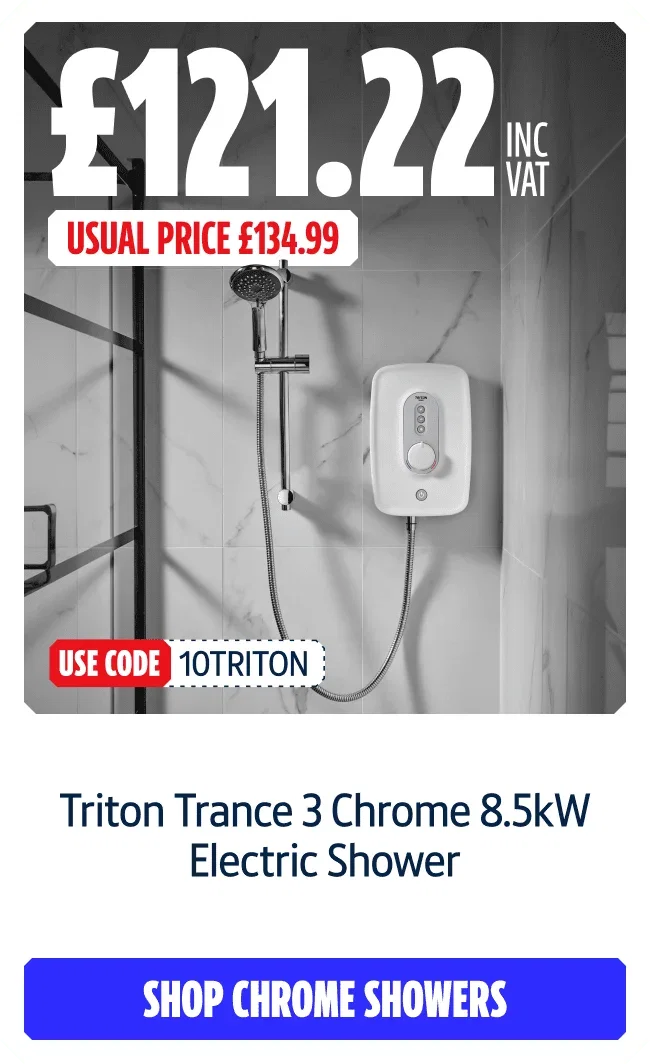 Triton Trance 3 Chrome 8.5kW Electric Shower. Now £121.22 inc VAT with code 10TRITON. Usual price £134.99. Shop chrome showers