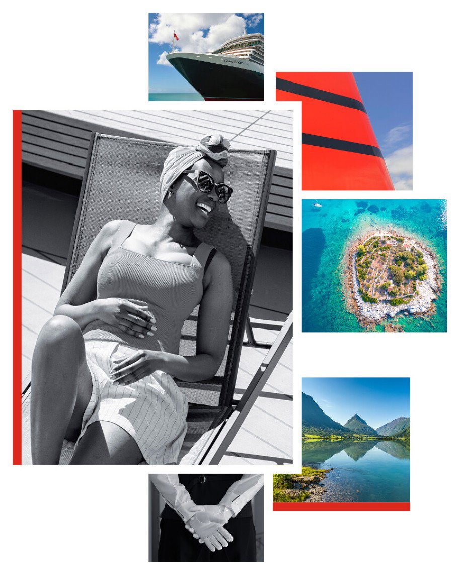 Collage of images showing hospitality and destinations on a Cunard voyage