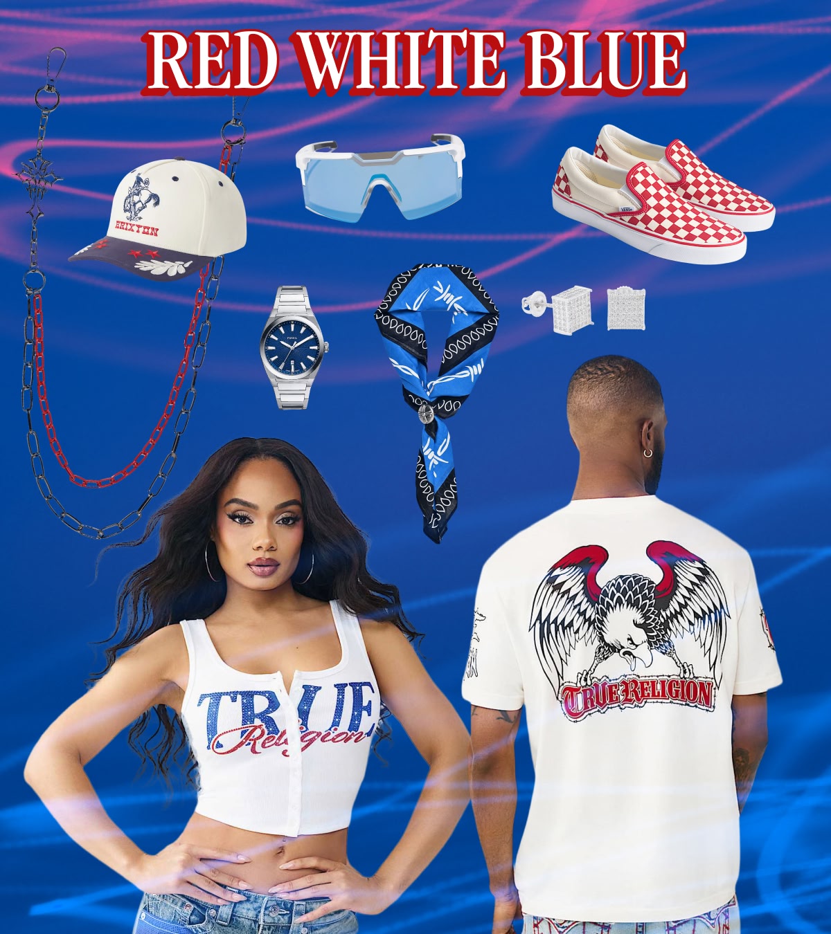 Shop the Red, White, and Blue Collection including graphic tees, sunglasses, bandanas and more