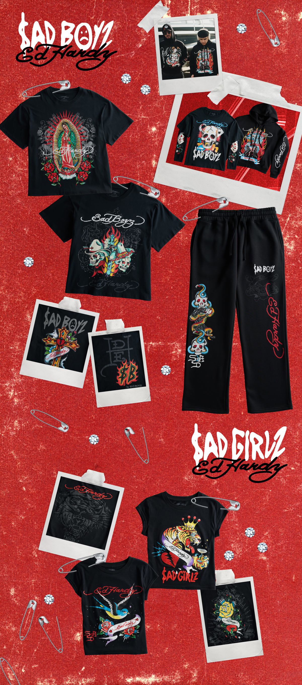 Shop Ed Hardy x Sad Boyz, including sweatpants, hoodies, and graphic tees.
