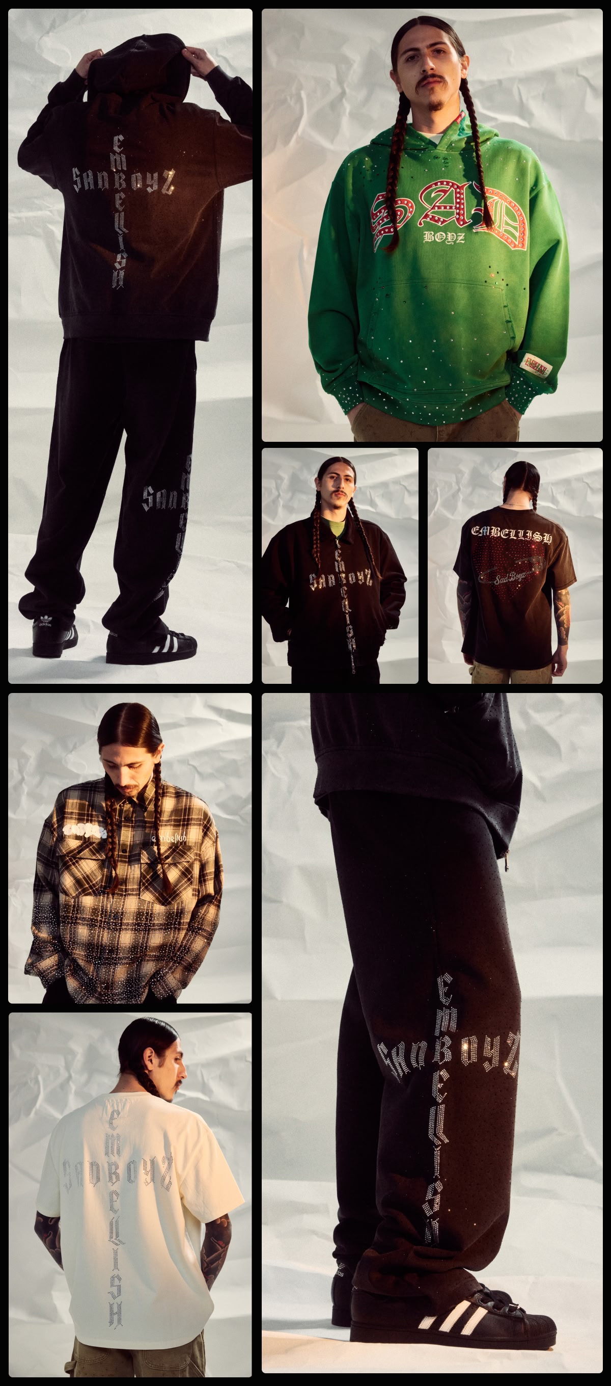 Shop Sad Boyz x Embellish, featuring flannels, hoodies, sweatpants, and graphic tees