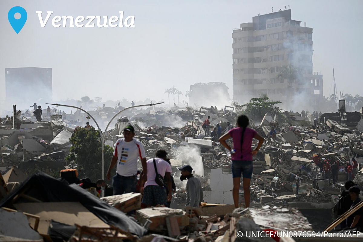 Volunteers search for possible victims in a collapsed building following twin earthquakes in Venezuela, 40km northeast of Caracas, at the end of last week. An estimated 3.9 million children live in the areas affected by the earthquakes.