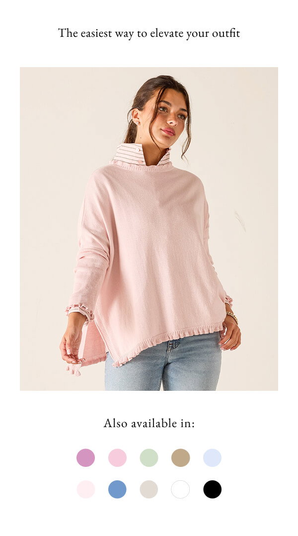 The easiest way to elevate your outfit - Swatches of colors available - Image of a woman wearing a pink sweater with ruffle details