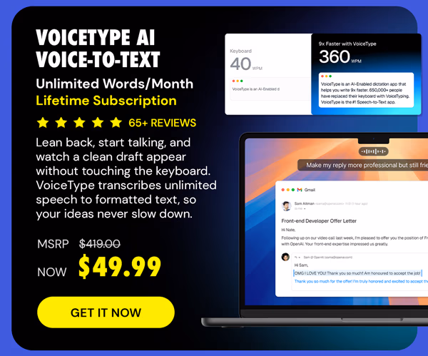 VoiceType AI Voice-to-Text: Lifetime Subscription (Unlimited Words/Month)