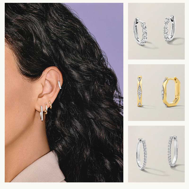Focus on ear with geometric hoops & huggies: diverse metals with diamonds, alongside product shots.