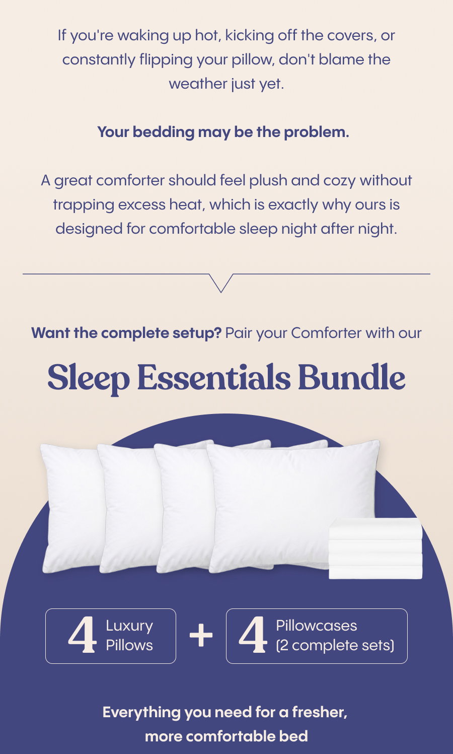 If you're waking up hot, kicking off the covers, or constantly flipping your pillow, don't blame the weather just yet.  Your bedding may be the problem.  A great comforter should feel plush and cozy without trapping excess heat, which is exactly why ours is designed for comfortable sleep night after night.  Want the complete setup?  Pair your Comforter with our Sleep Essentials Bundle and get: ✓ 4 luxury pillows ✓ 4 pillowcases (2 complete sets) ✓ Everything you need for a fresher, more comfortable bed