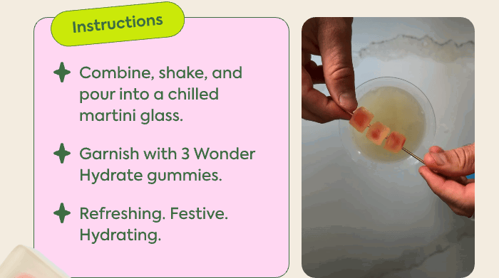 Combine, shake, and pour into a chilled martini glass. Garnish with 3 Wonder Hydrate gummies. Refreshing. Festive. Hydrating. 