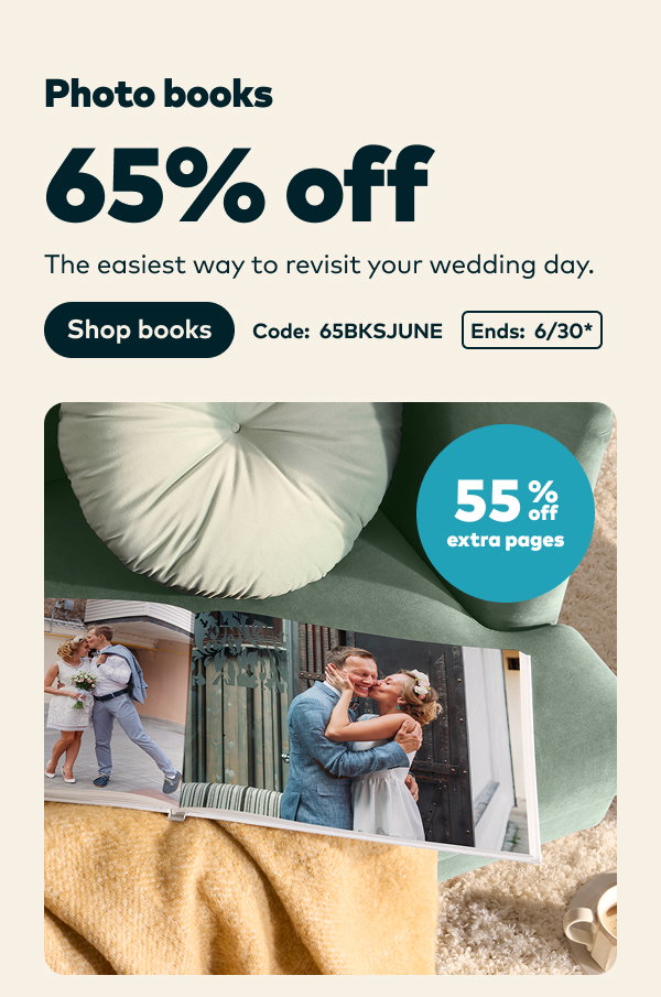 65% off photo books. 55% off extra pages. Code: 65BKSJUNE. Ends: 6/30, see site for details. Shop books.