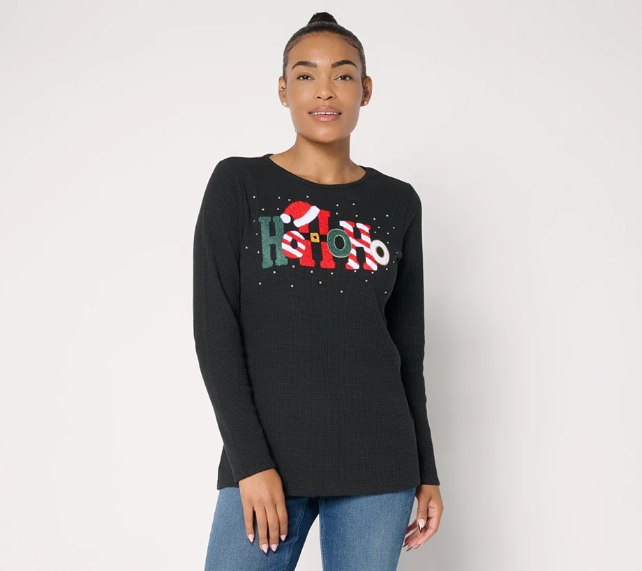 Quacker Factory Good Tidings Punch Needle Waffle Knit Top