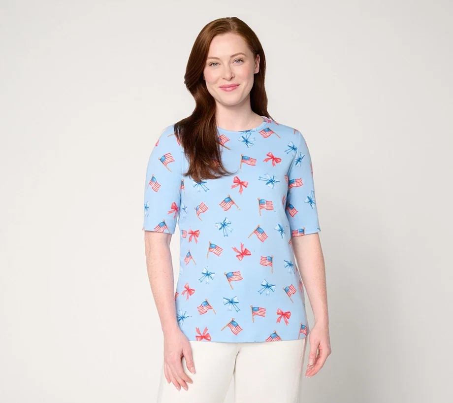 Quacker Factory God Bless America Printed Elbow Sleeve Top