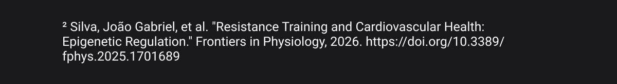 ² Silva, João Gabriel, et al. "Resistance Training and Cardiovascular Health: Epigenetic Regulation." Frontiers in Physiology, 2026. https://doi.org/10.3389/fphys.2025.1701689