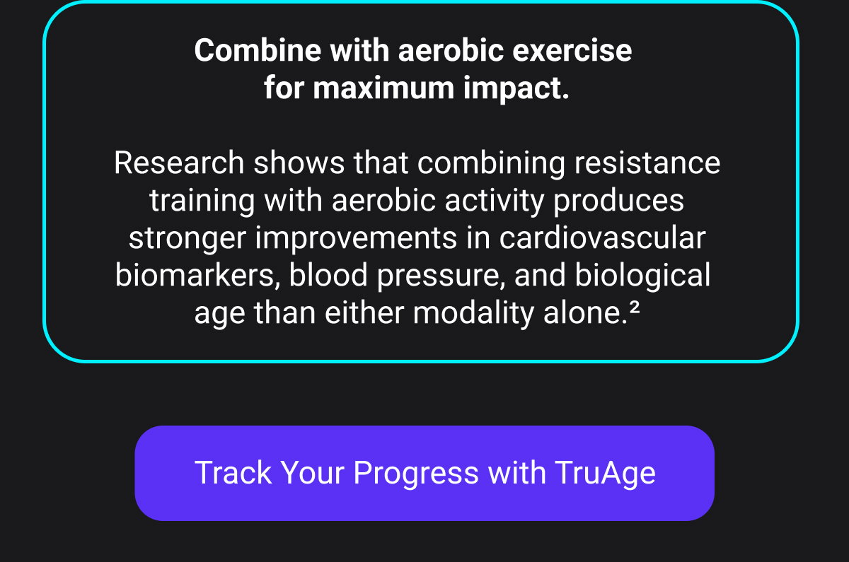 Combine with aerobic exercise for maximum impact. Research shows that combining resistance training with aerobic activity produces stronger improvements in cardiovascular biomarkers, blood pressure, and biological age than either modality alone.² [TRACK YOUR PROGRESS WITH TRUAGE]