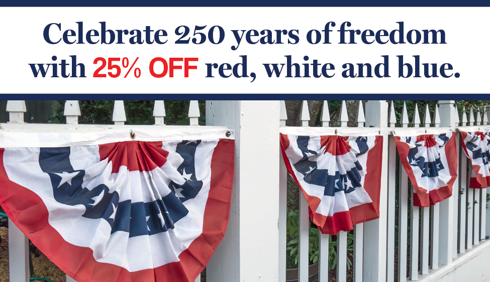 25% off red, white and blue
