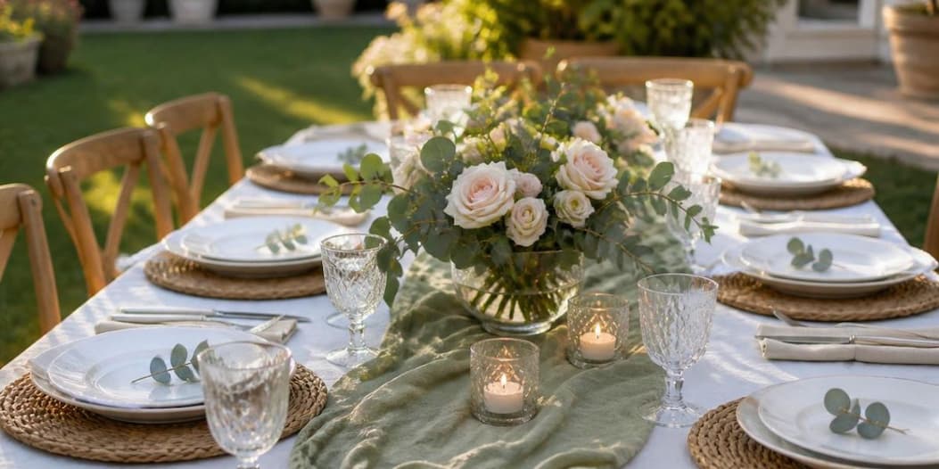 Outdoor summer table with sage green runner, woven placemats, blush florals and votive candles
