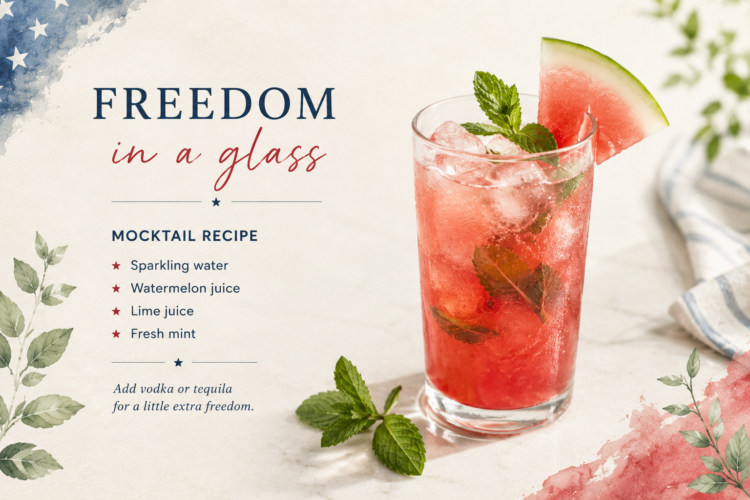 Recipe card for a watermelon mint mocktail made with sparkling water, watermelon juice, lime juice, and fresh mint, shown alongside a refreshing pink drink garnished with mint and a watermelon slice.