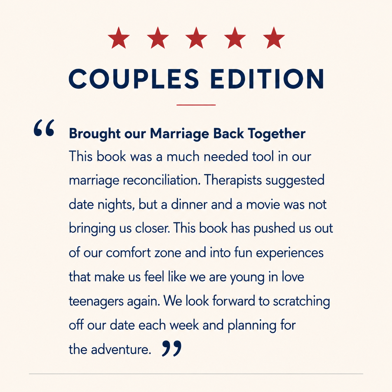 Five-star customer review for The Adventure Challenge Couples Edition. The reviewer shares how the book transformed routine date nights into meaningful adventures that strengthened their marriage and rekindled their connection.