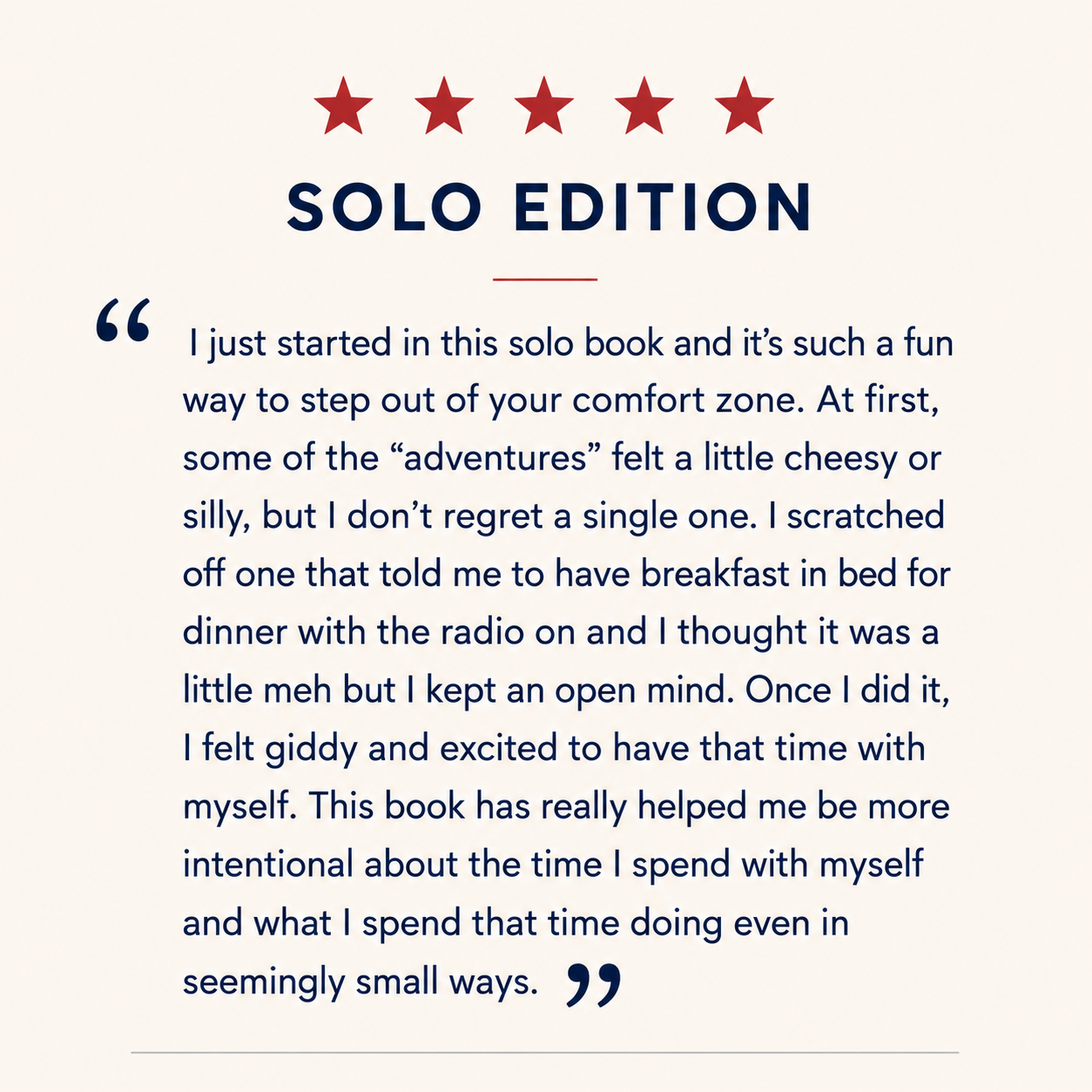 Five-star customer review for The Adventure Challenge Solo Edition. The reviewer shares how the book helped them step outside their comfort zone, become more intentional with their alone time, and discover joy in simple everyday adventures.