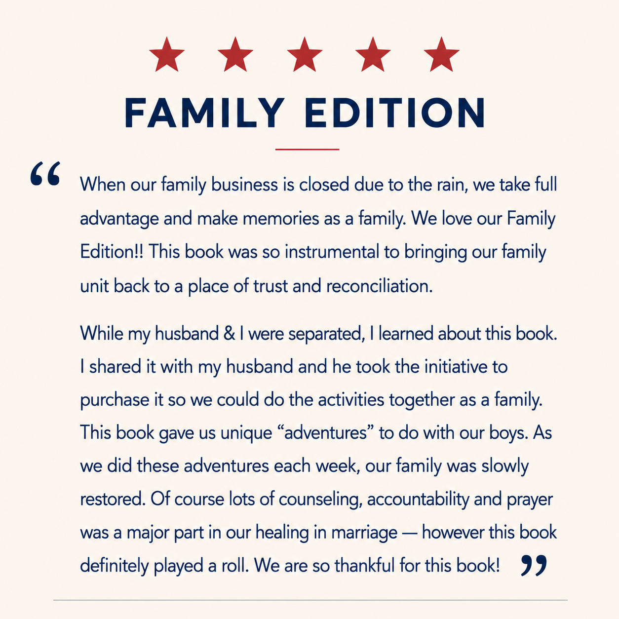 Five-star customer review for The Adventure Challenge Family Edition. The reviewer shares how the book helped their family reconnect, rebuild trust, and create meaningful memories together during a season of healing.