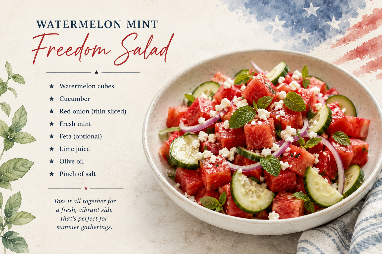 Watermelon Mint Freedom Salad recipe card featuring a fresh summer salad with watermelon, cucumber, mint, feta, and red onion—perfect for Fourth of July gatherings.
