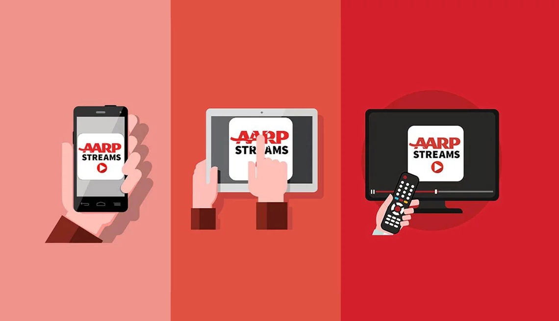 three images of a person's hand holding a phone, holding a tablet, holding a remote in front of a T V, all have A A R P Streams on the screen