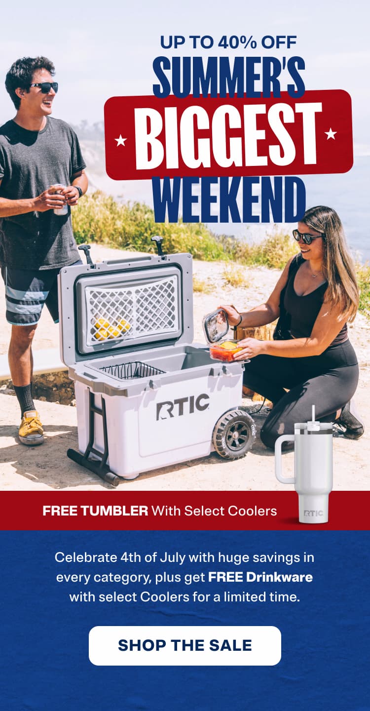 4th of July Sale - huge discounts on over 75 coolers. Free tumbler with select coolers