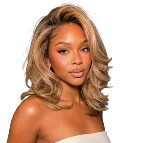 Glueless Ombre Blonde Layered Cut Wavy Wig Lace Front Human Hair Wigs