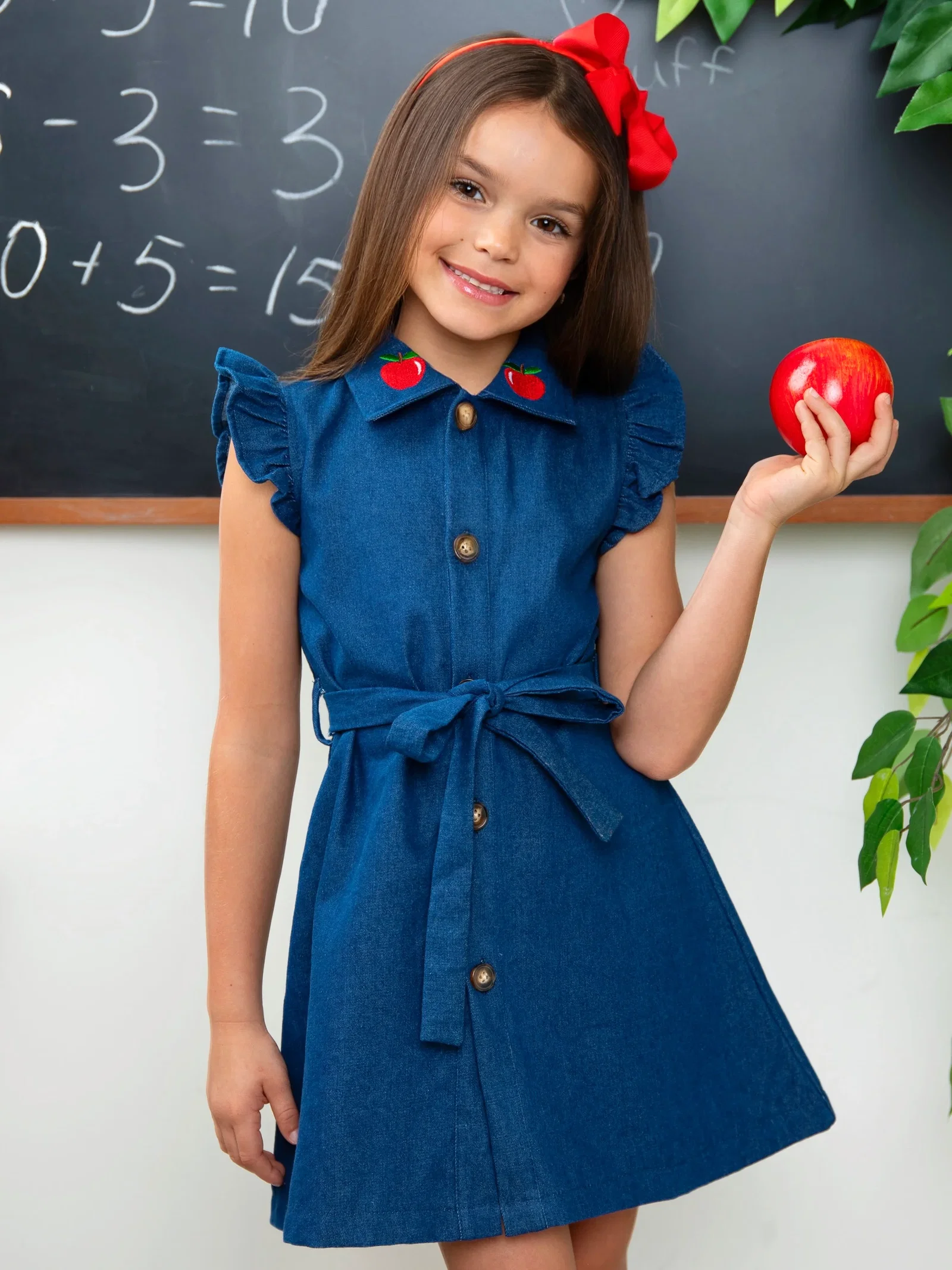 Image of Apple Charm Denim Flutter Sleeve Dress